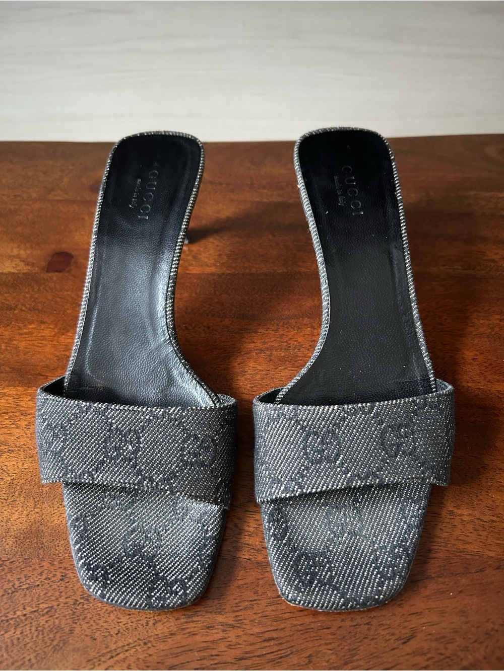Gucci GG Monogram Canvas Kitten Heel Mules Gray & Black US 5.5